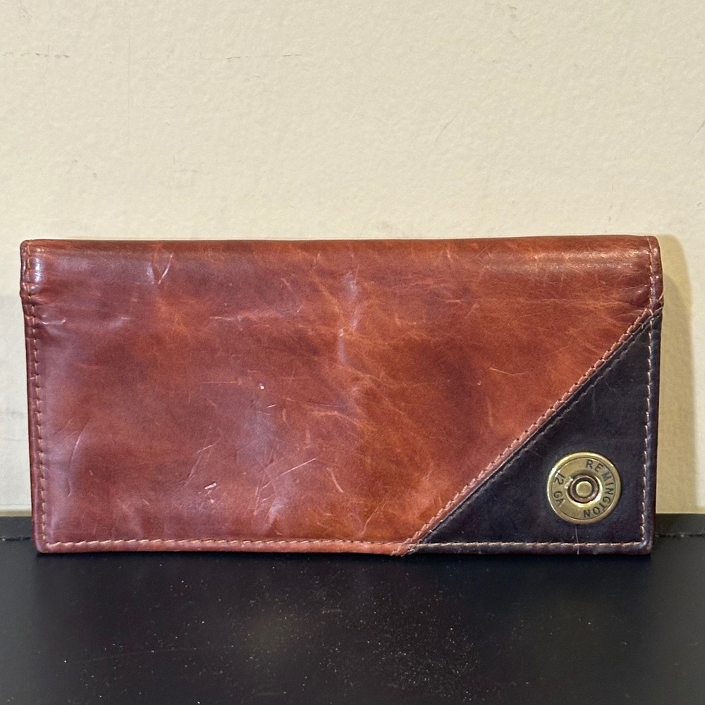 Leather Checkbook Wallet Brown 12 Gauge Shotgun Shell Brass Detail
